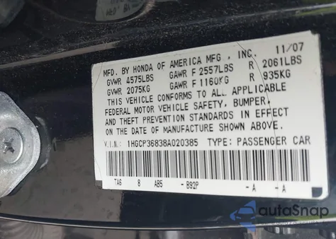 2008 Honda Accord 3.5 Ex-L from USA, damaged, VIN 1HGCP36838A020385